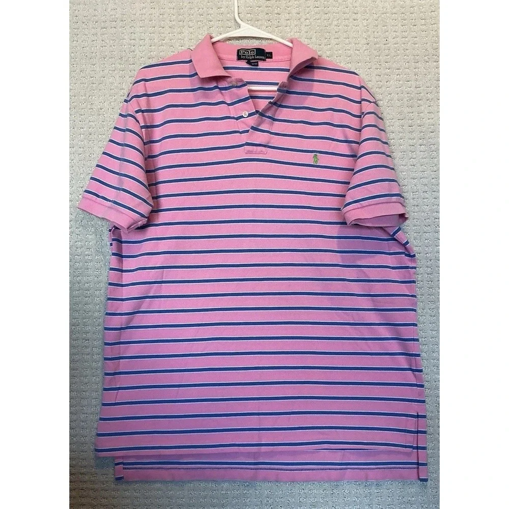 Polo Ralph Lauren Vintage Golf Polo Pink Blue Stripe Textured‎ Cotton XL